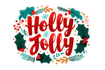 Holly Jolly Christmas lettering hand drawn in watercolor style. Festive holiday typography with decorations isolated illustration.