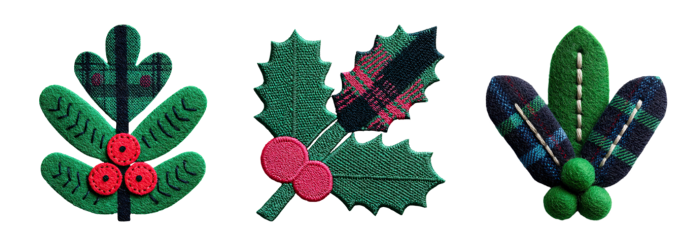 Patchwork quilt craft embroidery festive holly decoration with stitched berries evoking cozy handmade holiday charm