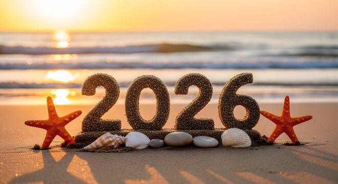 Happy new year 2026 celebration on a tropical beach at sunrise with starfish
