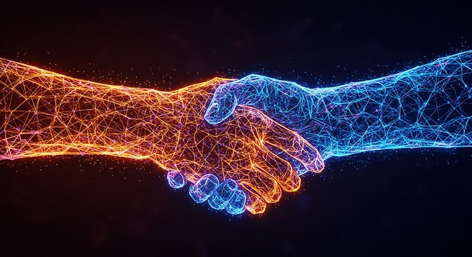 Digital handshake between two abstract glowing hands made of network connections, representing partnership and technology