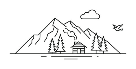 A serene line art illustration depicting a rustic mountain cabin with smoke rising from its chimney, surrounded by tall pine trees, majestic peaks, a cloud, and a flying bird
