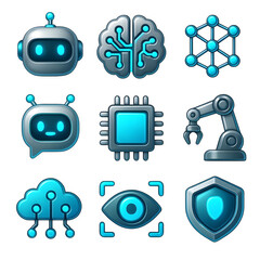 Artificial intelligence, robotics, cloud computing, cybersecurity, and data icon set for modern digital technology concepts