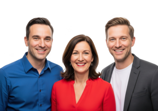 Three smiling individuals posing together for a professional headshot isolated on transparent background