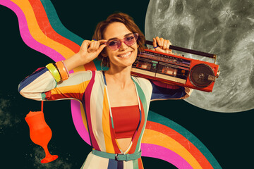 Sketch image pop sketch 3d collage poster of happy retro girl hold boombox listen music cocktail...