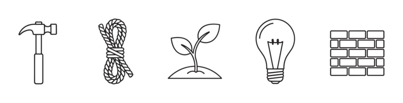 Minimal vector icon set with a hammer, coiled rope, growing plant, light bulb, and brick wall, symbolizing creation, connection, nature, ideas, and structure
