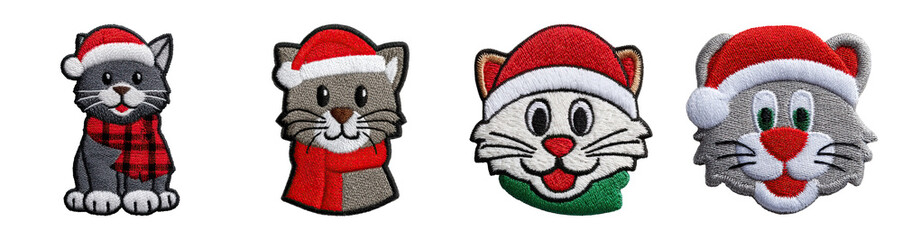Festive patchwork quilt craft embroidery featuring four cat patches in holiday hats and scarves evoking cozy cheerful seasonal charm