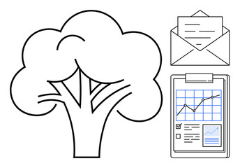 Tree symbolizing sustainability, open envelope indicating communication, analytics chart on clipboard reflecting goals. Ideal for environment, communication, planning, business growth, strategy