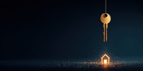 Golden key above small glowing house shape on dark background, symbolizing home ownership and real estate concept.