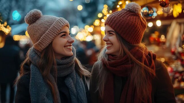 Two young women in cozy winter coats laugh and chat as they stroll a glowing Christmas market at night, surrounded by twinkling lights, festive stalls and holiday cheer
