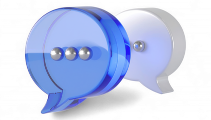 Sapphire Blue Speech Bubble with Metallic Silver Typing Spheres. 3D Modern Messaging and Chat Interaction Icon. Elegant Conversation Indicator Symbol.