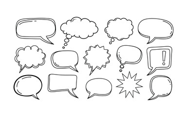 Fototapeta premium Collection of hand drawn sketchy speech bubbles and thought bubbles in various shapes and sizes