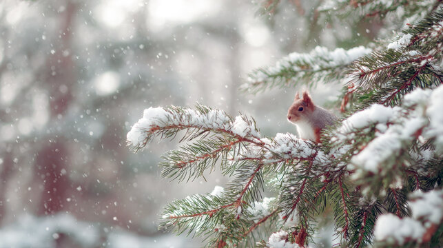 red squirrel perched on a heavy, snow-covered spruce or pine branch. The gentle falling snow and soft focus background capture the serene beauty of the winter season and cold weather environment