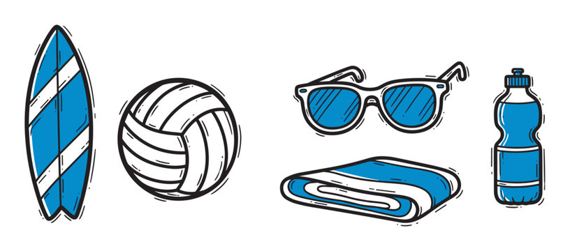 A collection of hand-drawn summer beach vacation essentials including a surfboard, volleyball, sunglasses, towel, and water bottle in a blue and black doodle style