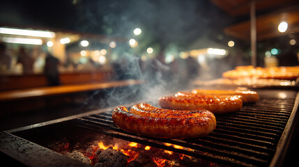 Extreme Close-Up Of Sizzling Bratwurst Sausage Grilling At Night Market