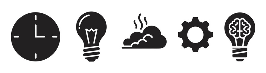 Minimalist black silhouette icons including a clock, lightbulb, steaming cloud, gear, and brain, symbolizing the creative process, innovation, and problem-solving
