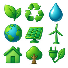 Sustainable green energy and ecological icons collection, including leaves, recycle, water, earth, solar, wind, house, tree, plug.