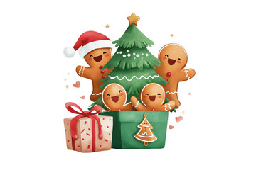 Fototapeta premium Gingerbread men family by a Christmas tree hand drawn in watercolor. Cute holiday characters with a gift isolated.