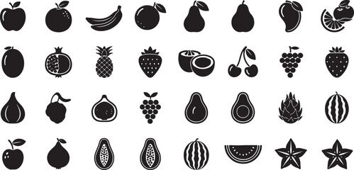 Assorted Fruit Silhouettes Black and White Vector Graphic Collection Fresh Food