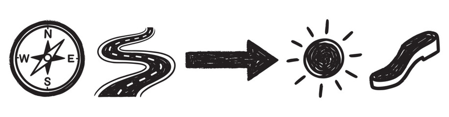 A sequence of hand-drawn travel icons including a compass, winding road, arrow, sun, and shoe, illustrating a journey or adventure concept with a sketchy, grunge texture