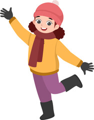 Happy little girl enjoying winter. Cute cartoon child in warm clothes. Ideal for seasonal, holiday, and kids illustration projects.