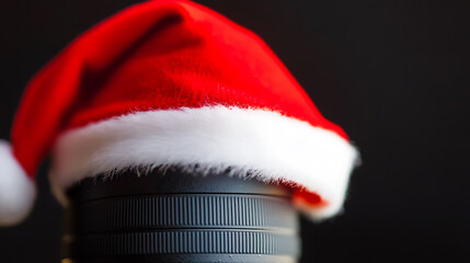 A camera lens wearing a santa hat! The perfect shot for a photographer during the holiday season! Merry Christmas to all camera lovers everywhere! Festive photo.