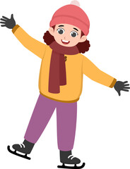 Happy little girl skiing during winter. Cute cartoon child enjoying outdoor snow activity. Ideal for winter, holidays, sports, and kids illustration projects.
