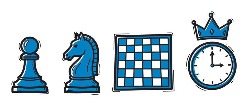 Hand-drawn set of blue chess game icons with a pawn, knight, checkered board, and a crowned clock, symbolizing strategic thinking and intellectual sport