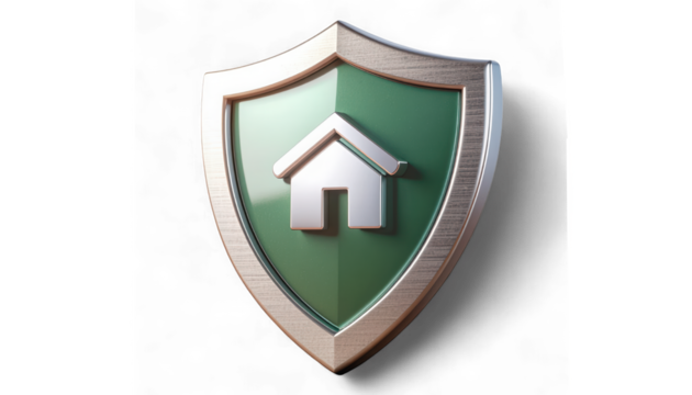 Titanium Shield Emblems with Pearl White House and Checkmark. 3D Verified Housing and Property Security Icon. Hyper-Realistic Protection Symbol.
