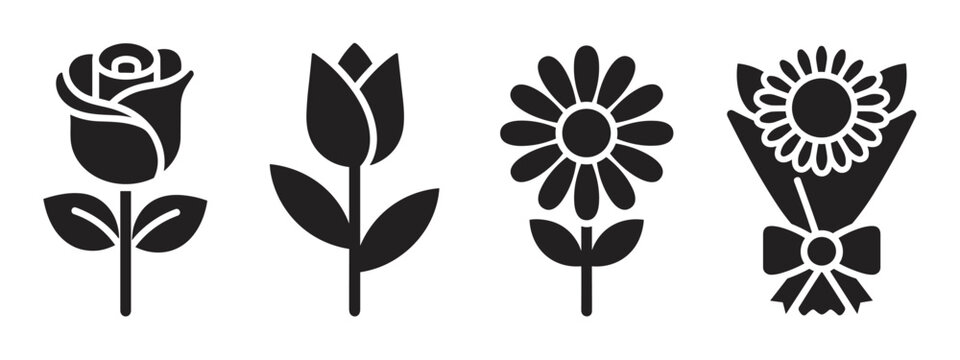 Minimalist black glyph icons of various flowers, showcasing a romantic rose, an elegant tulip, a cheerful daisy, and a celebratory bouquet tied with a decorative ribbon