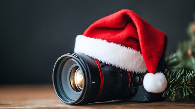 Festive photography with a camera sporting a Santa hat, capturing the holiday spirit, blending technology with seasonal cheer on a wooden table.