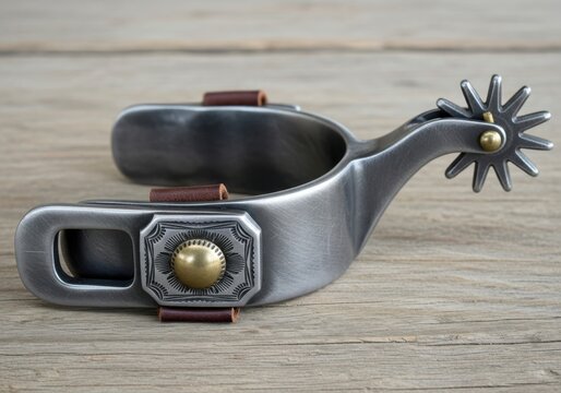 Close up of a single metal cowboy spur with a starburst rowel