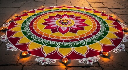 Vibrant Rangoli Design with Diyas for Diwali Celebration.
