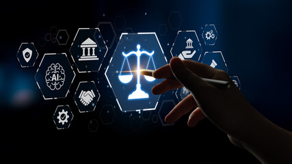 Futuristic digital law interface displaying justice scale, highlighting digital law, AI compliance,...