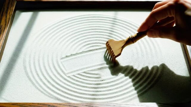 Top-Down Close-up of Hand Raking Zen Garden Sand