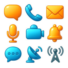 Vibrant 3d glossy icons collection for communication, media, networking applications, user interface design elements