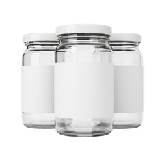 Three empty glass jars with white lids isolated on transparent background