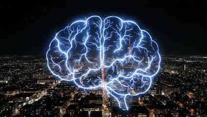 Digital Brain Over Cityscape at Night - AI and Technology Integration in Urban Environments. - Powered by Adobe