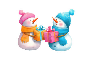 Cute Snowman Couple Exchanging Christmas Gifts in Winter