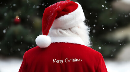 Santa's back view in a red velvet suit with white fur. "Merry Christmas" is written on the jacket. A festive Christmas tree is behind. Ready for the Holiday spirit!