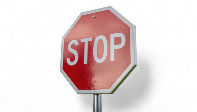 Glossy Crimson STOP Sign on Polished Chrome Pole. 3D Hyper-Realistic Traffic Control Icon. Elegant Road Safety Symbol.