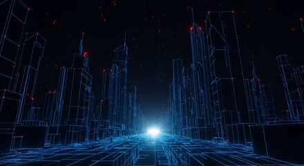 A perspective view of a digital city constructed from glowing blue lines and interconnected nodes, suggesting a vast network