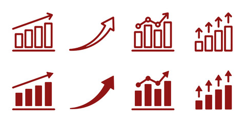 Growth icon set. Containing arrow up, growing graph, business chart icons. Vector illustration.