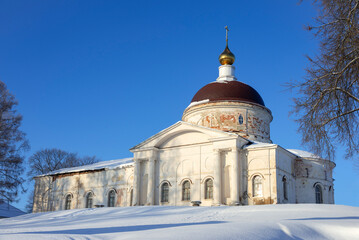 The ancient Cathedral of St. Nicholas the Wonderworker on a winter morning. Myshkin. Yaroslavl region, Russia
