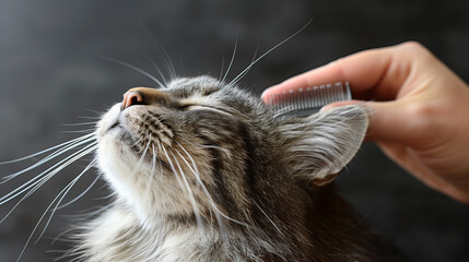 Portrait of content cat enjoying gentle combing. Pet care, grooming and relaxation theme