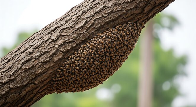 A large swarm of bees clustered on a tree branch.