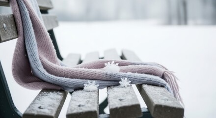 Cozy knitted scarf draped over a snowy park bench in winter