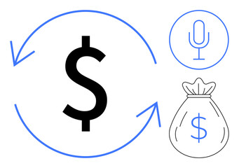 Large dollar sign with circular arrows, cash bag, and microphone. Ideal for finance, income growth, payment systems, investment, wealth economy and profit representation. Simple flat metaphor