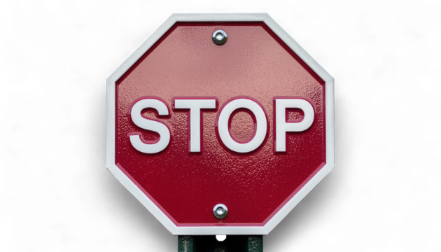 Glossy Crimson STOP Sign with Chrome Fasteners. 3D Hyper-Realistic Embossed Traffic Symbol. Elegant Octagonal Road Icon.