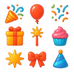 Vibrant collection of glossy 3d birthday party celebration items with confetti, balloon, gift, cupcake, hat, and stars.