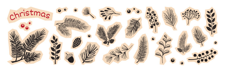 Christmas fir tree, pine cone sticker, winter plant paper scrapbooking. Holly berry, black branch needle. Holiday evergreen twig set for New Year isolated on white bg. Xmas vintage vector illustration